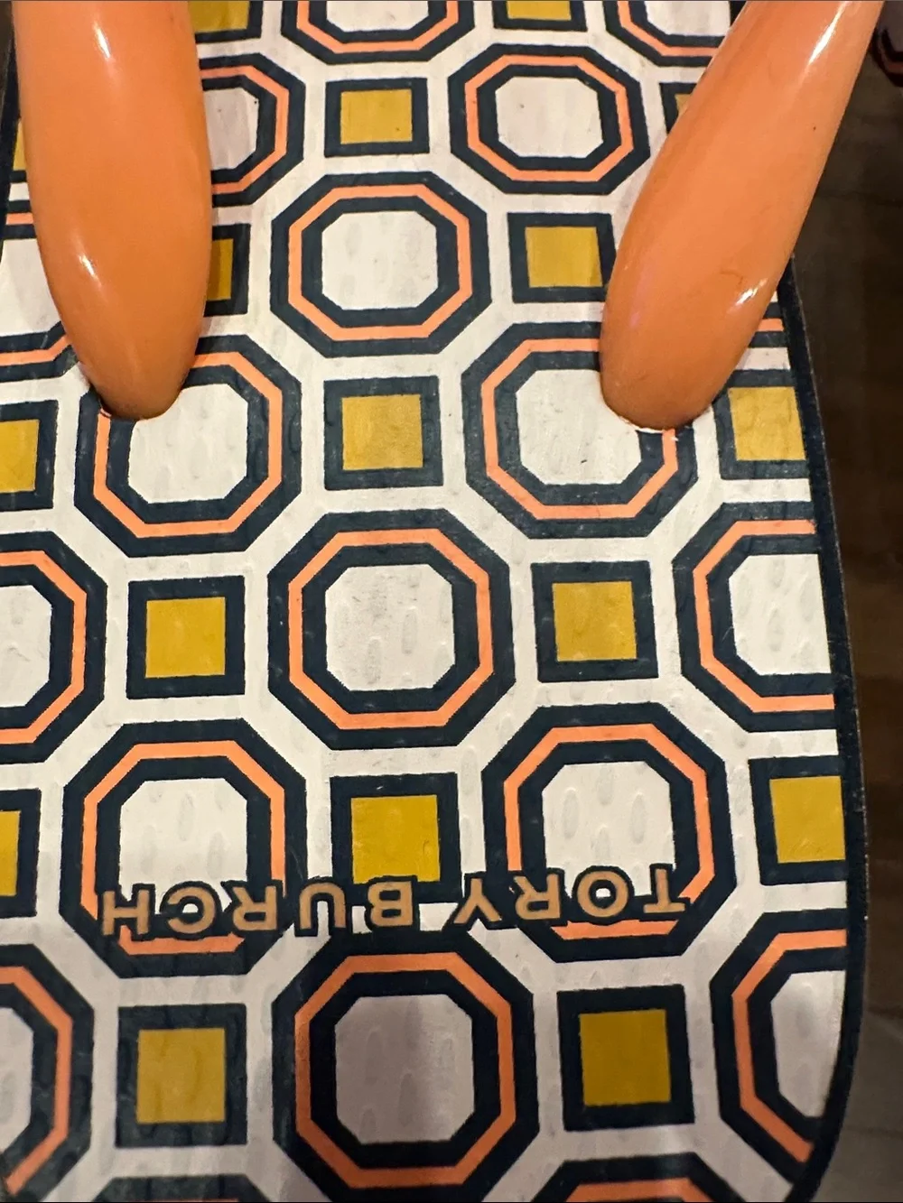 Tory Burch Orange Logo Flip Flop Sandals with Geometric Footbed